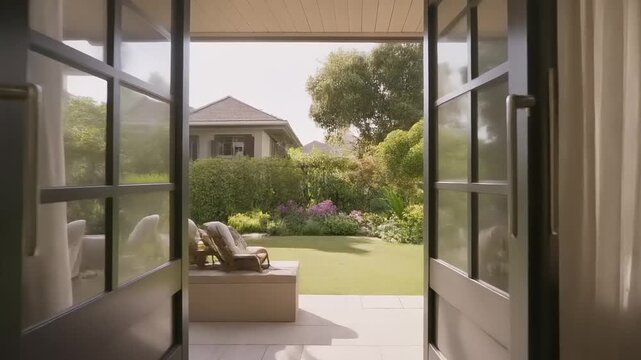 Cinematic slow opening of elegant double doors revealing a sun-drenched lush garden with blooming flowers and comfortable outdoor seating, symbolizing transition, new beginnings, and serene escape.