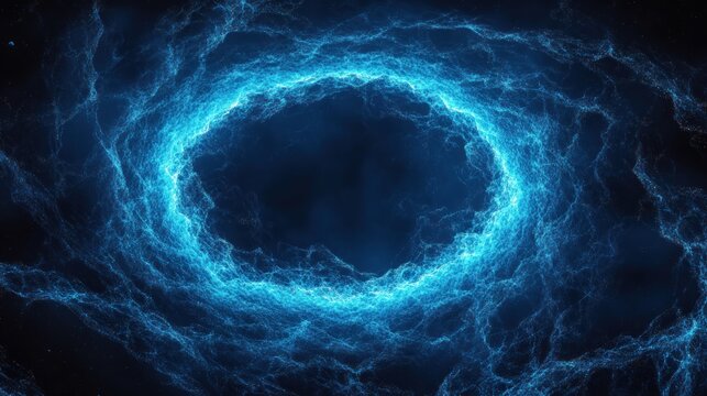 Glowing electric-blue vortex ring swirling in dark space with a luminous plasma halo around a deep empty core, evoking awe and mystery