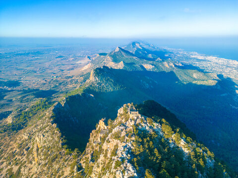 Aerial view of historical Buffavento Castle at the Fivefingers mountains in Kyrenia, North Cyprus.