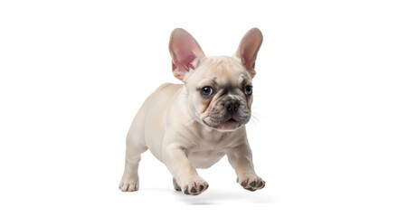 A small white French Bulldog puppy standing on a plain white background looking directly at the camera