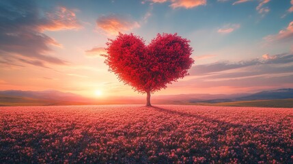 In a field of scarlet flowers stands a tree with a heart-shaped crown, symbolising love and harmony at sunset, which is ideal as an atmospheric backdrop for romantic cards or wedding invitations.