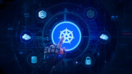Fototapeta premium Robot Hand Touching Kubernetes Icon in Blue Digital Network Interface isolated on Transparent Background
