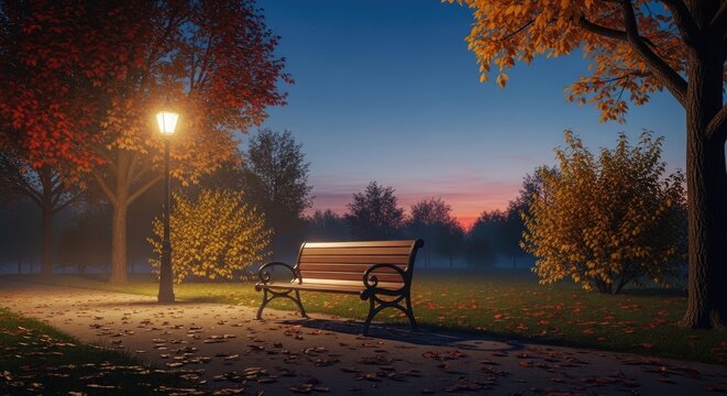 Autumn park scene bench beneath lamp and trees at dusk outdoors