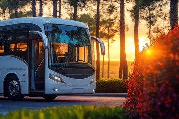 Obraz premium white coach bus parked on a tree-lined road at sunset with open door beside red bushes, warm golden-hour light and a peaceful travel mood