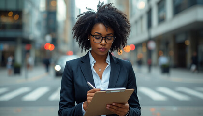 A professional businesswoman taking notes on a clipboard in an urban city setting