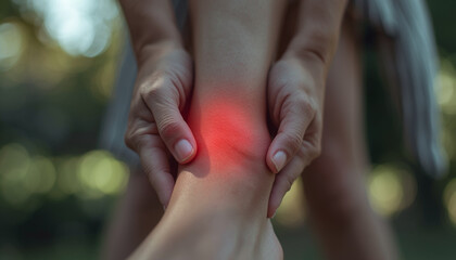 A person is holding their painful ankle with a red glow indicating injury or inflammation.