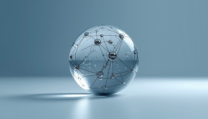A futuristic glass sphere with a network of lines and nodes on a blue background