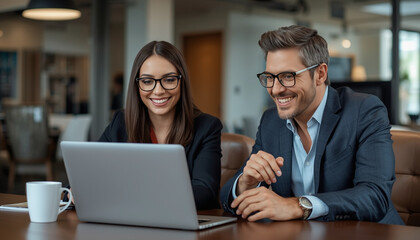 A smiling businesswoman and businessman in glasses sitting at a table with a laptop in a modern office setting.