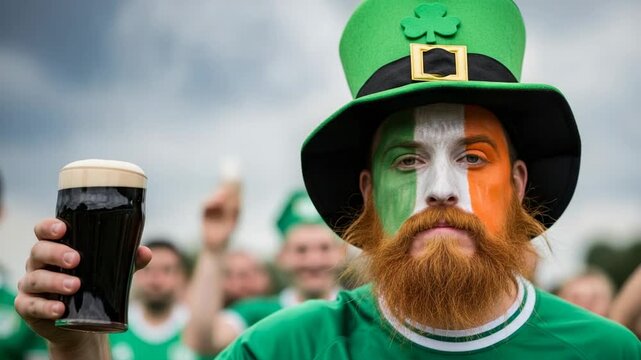 Excited adult man with red beard and Irish flag face paint celebrating with a pint of stout beer.