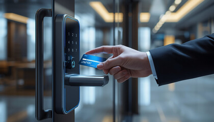 A hand in a business suit using a credit card to unlock a modern electronic door lock