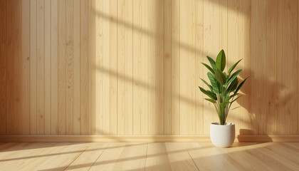 A potted plant sits in a bright and airy room with wooden walls and floor
