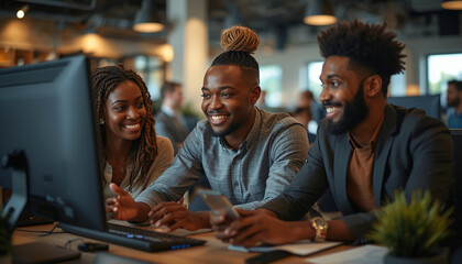Three diverse colleagues smiling and collaborating on a computer in a modern office setting
