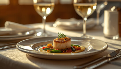 A beautifully set table with a plate of food and glasses of wine in a fine dining restaurant