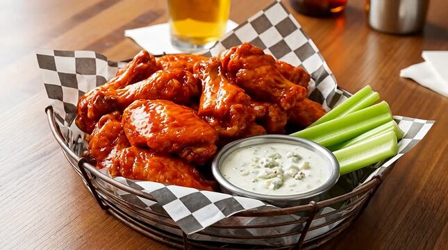 Tasty buffalo chicken wings with dipping sauce and celery sticks in basket, pub food feast, appetizer delight.