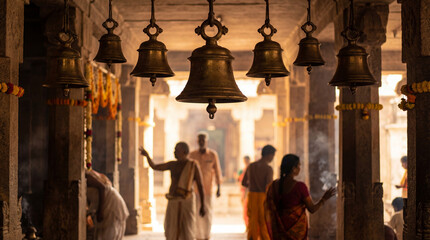 Sacred temple bells in vibrant Indian atmosphere with devotees engaged in prayer and rituals. Temple setting includes intricate architecture, flowing incense, and colorful garments.