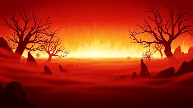 Burning Hellscape Background with Dead Trees and Fiery Sky