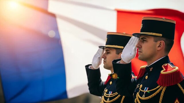 French military officers in ceremonial dress uniform saluting the tricolor flag for national holiday