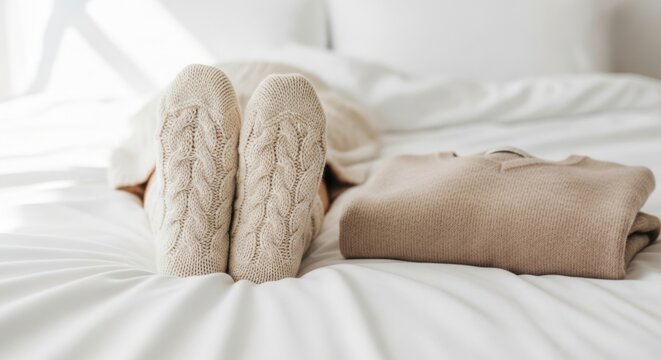 Cozy knitted socks on feet, person relaxing comfortably in bright bed with neatly folded warm sweater placed nearby. Soft diffused lighting illuminates cozy knitted socks,