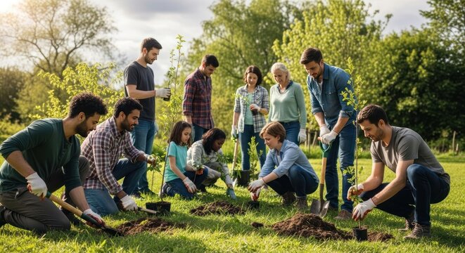 Community volunteers planting young trees in a sunny green park