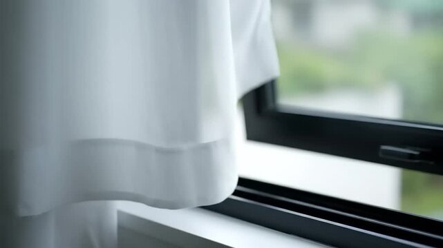 Close-up of a white sheer curtain gently blowing in a soft breeze from an open window, creating a serene and fresh atmosphere in a modern home interior.