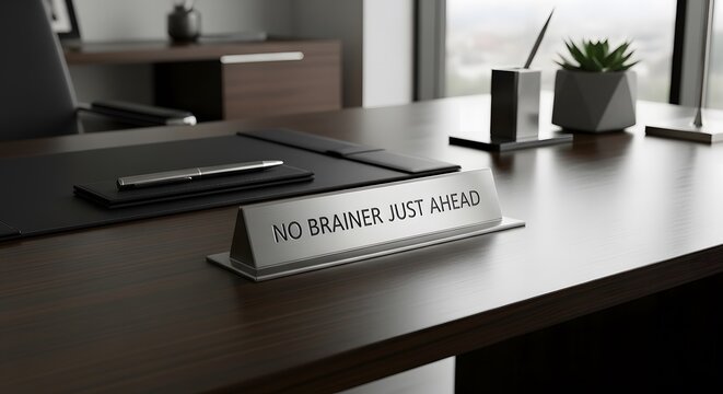 Close up view of desk plate with text no brainer just ahead on office table