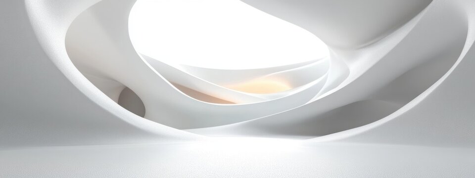 minimal white curved interior with flowing organic arches, central skylight and soft warm glow, serene futuristic architectural space