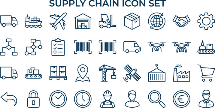 Supply chain management icon set with various logistics and transportation symbols