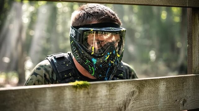 Tactical team building exercise with adult male paintball player in protective gear outdoors