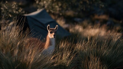 Fototapeta premium Llama portrait in tall grass near tent during golden hour adventure