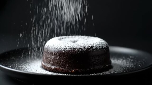 Slow motion of powdered sugar gently falling onto a dark chocolate lava cake on a black plate, highlighting the delightful dessert.