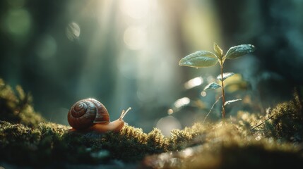 Fototapeta premium Cute Snail Crawling on Moss in Forest, Hyper Realistic