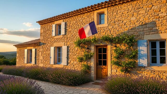 Traditional Mediterranean stone farmhouse with lavender garden and tricolor flag at sunset