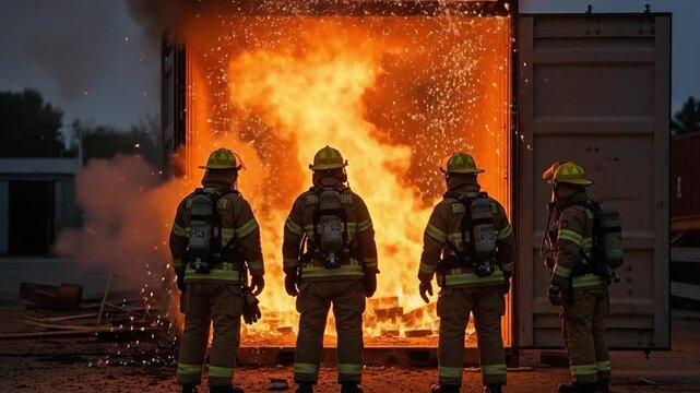 Professional male firefighters conducting a flashover training simulation in a shipping container