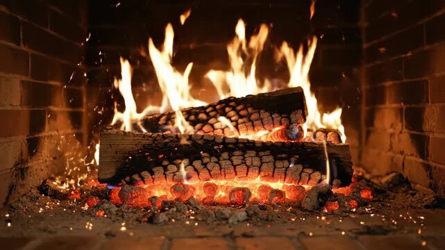 Burning logs glowing with intense heat inside brick hearth