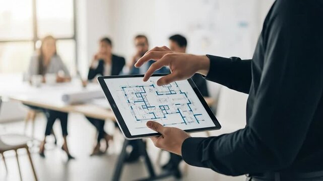 Male architect presenting digital residential floor plan on tablet during a professional team meeting