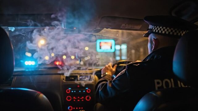 British Police Officer in Patrol Car at Night with Smoke and Emergency Lights
