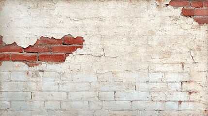 weathered white plaster wall with peeling paint revealing red bricks and cracked mortar, evoking rustic urban decay and aged texture