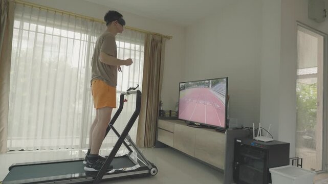 A person engages in a virtual reality workout on a treadmill, immersed in an interactive fitness experience in a bright living room.