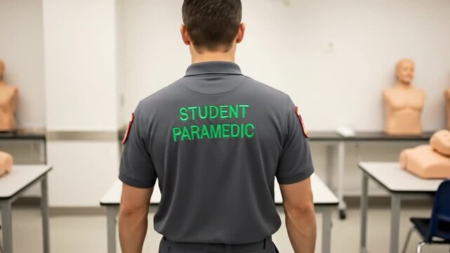 Male Student Paramedic Training in Medical Simulation Lab with CPR Mannequins