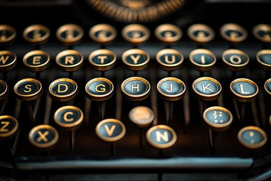 Close-up of round vintage typewriter keys with metal rims and raised letters on a dark body, warm nostalgic lighting and tactile creative mood