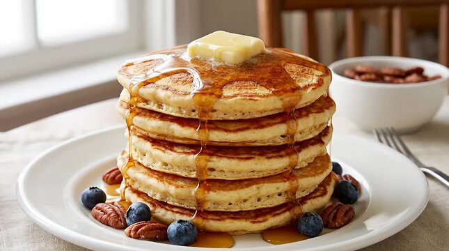 Fluffy stack of pancakes with butter and syrup, delicious breakfast food, morning meal treat., syrup.