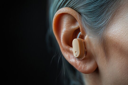 Close-up of an ear wearing a beige hearing aid with grey hair visible, conveying calm confidence and reassurance