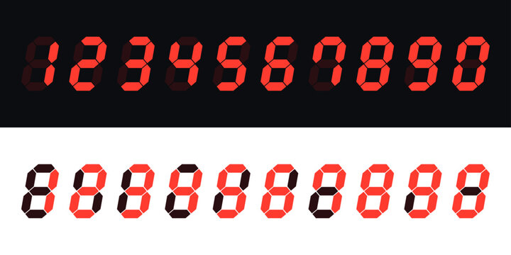 デジタル時計の赤色LED数字セット 7セグメントディスプレイの0から9の数値素材