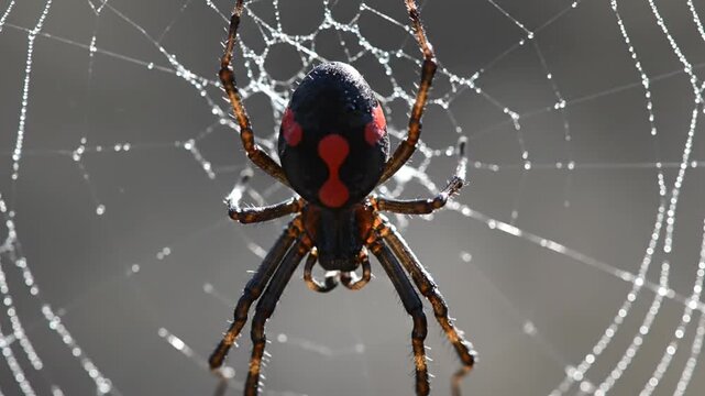 Black Widow Spider in Web Closeup.