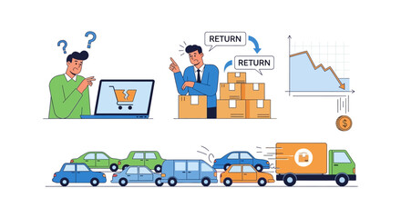 Fototapeta premium E-commerce Business Challenges: Product Returns, Shipping Delays, Failed Orders, and Financial Loss Illustration