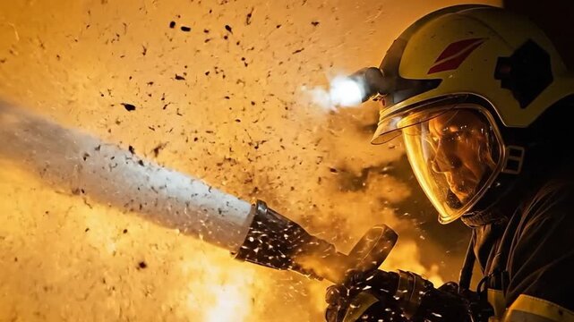 Professional male firefighter using high pressure hose for night emergency fire suppression