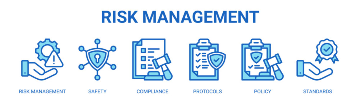 Risk Management web banner icon vector illustration concept with icons of risk management, safety, compliance, protocols, policy, and standards.