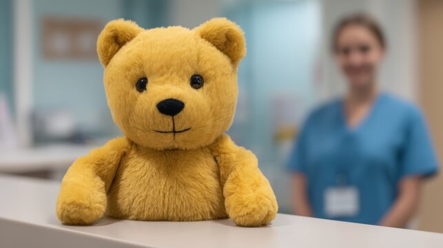 Hospital reception area, A plush teddy bear sits on a counter with a blurred medical professional wearing scrubs in the background.