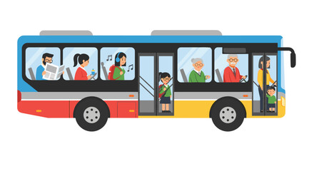 Diverse passengers traveling together on a colorful city public bus