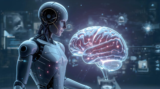 Female Robot Interacting with Glowing Human Brain Hologram isolated on Transparent Background